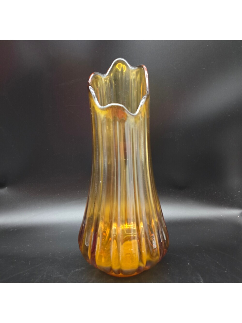Vintage LE Smith Simplicity Amber Swung Glass Vase 16" MCM Ribbed Fat Bottom Big